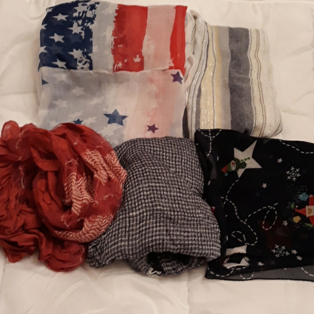 Bundle of 5 scarves. Holiday..red and blue